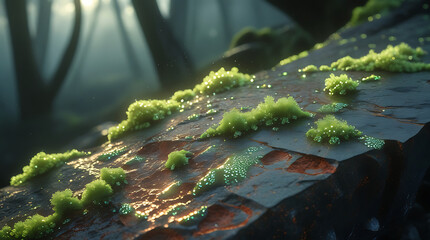 Close-up of moss growing on weathered, rusted metal sheets in a misty, wooded area with soft, cinematic lighting.