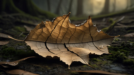 Close-up of a dried, brown leaf with visible veins on a mossy forest floor with scattered leaves.