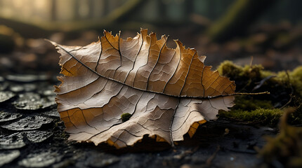 Close-up of a single dry brown leaf on wet forest floor with moss in a natural outdoor setting with soft focus background.