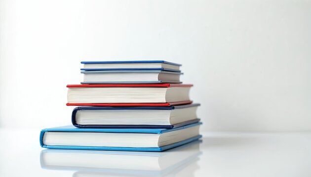 Stack of colorful hardcover books rests on white surface. Various subjects or topics are contained within these volumes. Knowledge and learning are symbolized by this collection.