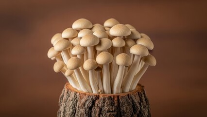 Cluster of fresh beige mushrooms growing on a tree stump with warm background