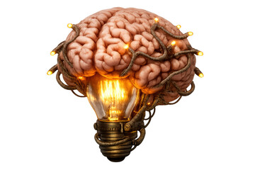Brain illuminating, intertwined with a glowing lightbulb and wires, symbolizing intelligence, creativity, and new ideas on transparent background