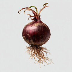 Red onion bulb with roots sprouting fresh green shoots
