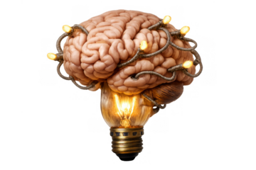 Brain emerging from a working light bulb, featuring small glowing lights wrapped around it, symbolizing new ideas and bright concepts