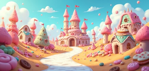 Pink candy castle town with cake houses and lollipop trees. Sweet dessert landscape under blue sky with clouds. Fairytale kingdom for children and fantasy themes.