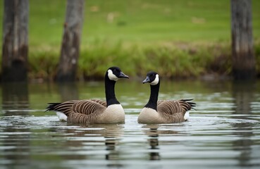Obraz premium Two Canadian geese swim calmly in tranquil pond surrounded by rich green grass and trees. Birds have distinctive black necks white chinstraps and brown striped feathers. Water reflects sky and birds.