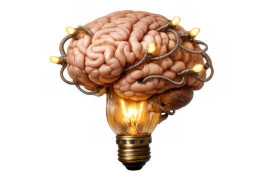 Brain emerging from a working light bulb, featuring small glowing lights wrapped around it, symbolizing new ideas and bright concepts - Powered by Adobe