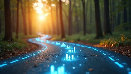 Asphalt road winding through forest with digital data graphics glowing blue on surface. Sun shines through trees creating warm light. Infographic icons progress along path.