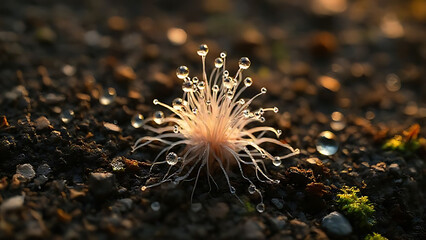 Close-up shot of a small, pinkish-brown organism with numerous thin, branching extensions on a dark, damp soil background with scattered pebbles and moss, conveying a mysterious and earthy