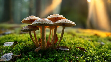 Close-up shot of a cluster of mushrooms growing on green moss in a forest with warm, golden light and a shallow depth of field.