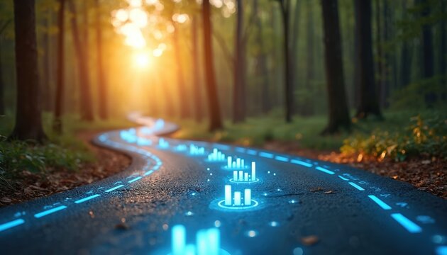 Asphalt road winding through forest with digital data graphics glowing blue on surface. Sun shines through trees creating warm light. Infographic icons progress along path. - Powered by Adobe