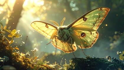 Large Pale Green Moth in Sunlit Forest