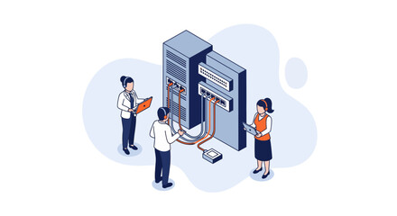 IT professionals working on server maintenance and data center infrastructure.