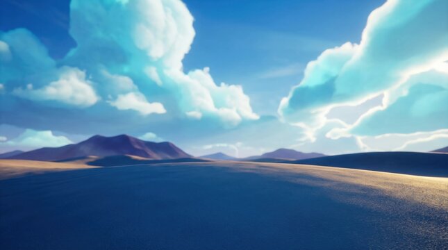 Vast desert landscape with rolling sand dunes under a dramatic sky with fluffy clouds