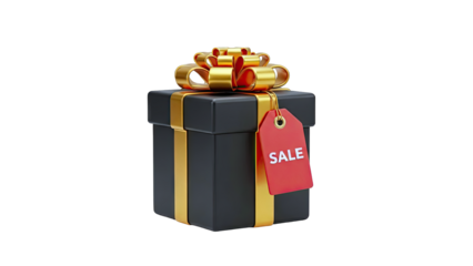 Black Gift Box with Gold Ribbon and Red Sale Tag