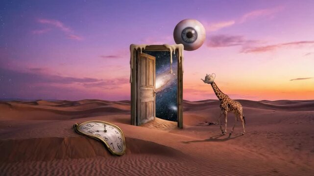 Surreal Giraffe with Teapot Head near Melting Clock and Cosmic Door in Desert