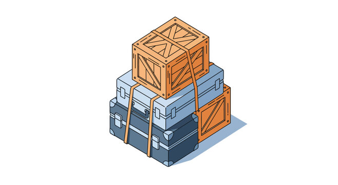 Stacked wooden crates and suitcases ready for travel and transportation purposes.