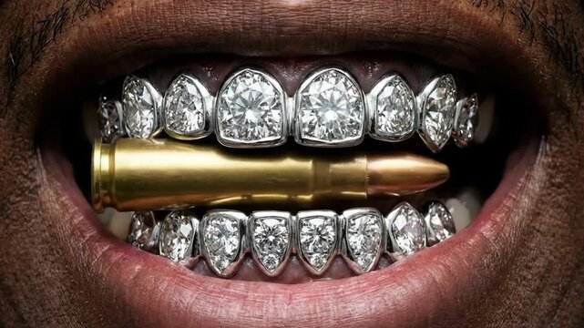 Close Up of Mouth with Diamond Grills Biting Bullet