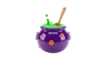 Cartoon Witch's Cauldron with Bubbling Green Potion and Wooden Spoon