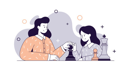 Two women playing chess concentrating on the game strategic thinking. © ainun