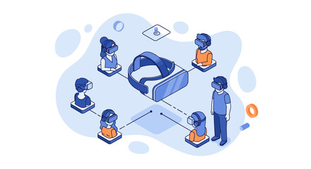 Virtual reality experience with people connected to a VR headset metaverse concept.