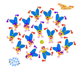 Can you find two identical clowns? Game Seek and Find. Logic puzzle for children and adults. Page for kids brain teaser book. Task for the most attentive. IQ test. Hand drawn vector illustration.