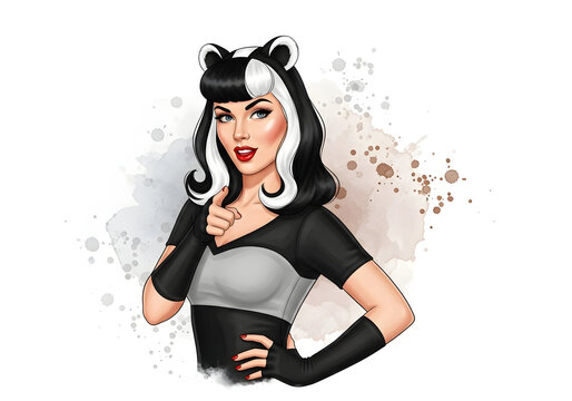 Chic Skunk‑Style Pin‑Up Girl in Monochrome Outfit with White Forelock and Bold Attitude Illustration