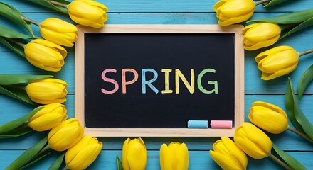 Yellow tulips surrounding a small chalkboard with the word spring written in colorful chalk