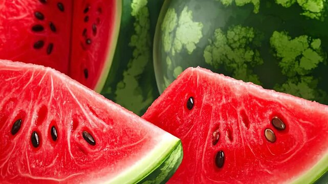 Fresh watermelon slices and whole watermelons create a vibrant and refreshing summer image.
