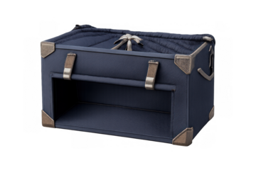 Dark blue retro trunk box with quilted velvet interior and brass hardware, featuring open compartment, transparent background