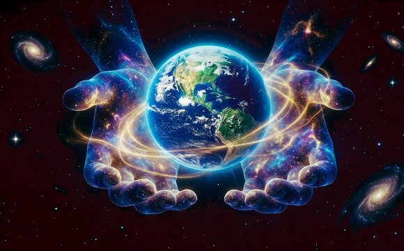 The creator Cosmic hands cradling planet earth with celestial energy and distant galaxies