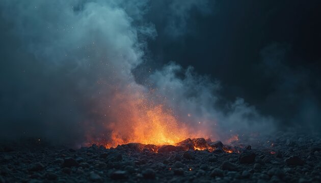 Abstract background with glowing orange sparks rising from dark rocky ground. Smoke billows around, creating a mystical, eerie atmosphere. Cosmic particles drift in dark space. - Powered by Adobe