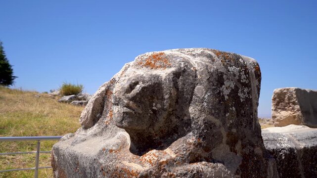 Close up of lion head sculpture in the ancient city of Hattusa