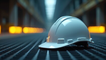 White hard hat sits on metal grate floor. Industrial facility background with warm yellow lights. Focus on worker protection and safety gear in construction.