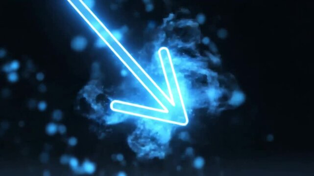 Glowing blue arrow pointing downward on a dark background with small glowing particles.