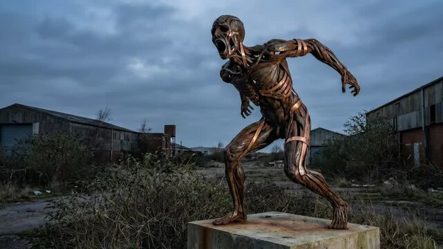 Rusted Metal Sculpture of Screaming Skeleton in Abandoned Factory 3D Render