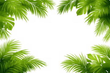 Green tropical palm leaves framing a transparent background, summer nature foliage border for design