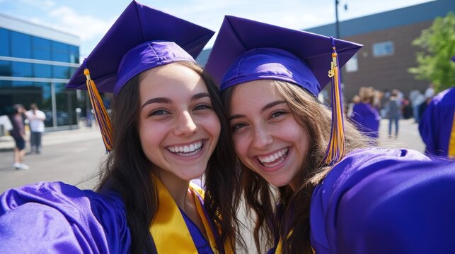 Two smiling young women in graduation caps and gowns posing for a selfie on graduation day