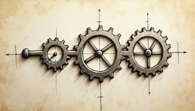 Interlocking gears sketch signifies mechanical process and teamwork. Illustration shows connection between parts, idea of collaboration and system work, progress in business. - Powered by Adobe