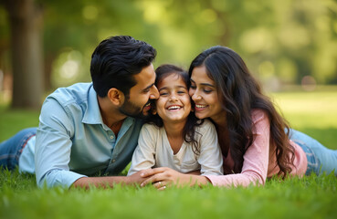 Naklejka premium Happy Indian parents cuddle young daughter on green grass in park. Family smiles joyfully, bonding together during outdoor leisure time. Parents embrace child in nature.