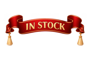 Red ribbon banner displaying in stock message, offering premium product availability and retail promotion, transparent background