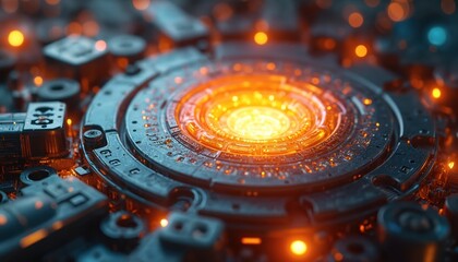 Glowing molten core with metallic pulsing heart. Future energy source, intricate tech detail. Liquid thorium swirls, precise atom light. Sci-fi concept art, advanced reactor.