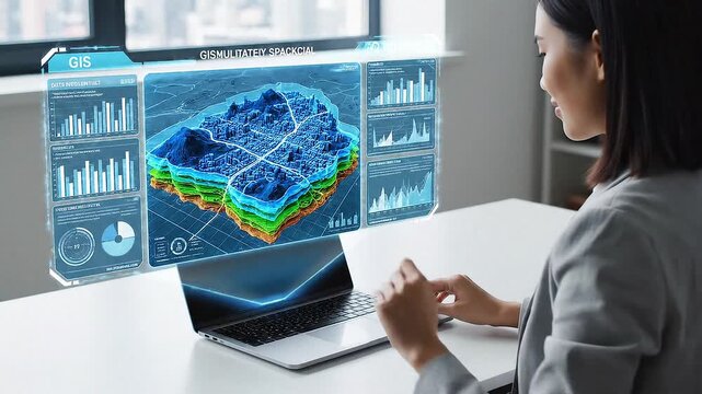 Professional analyzes multi-layer spatial data on a futuristic holographic GIS dashboard, leveraging remote sensing technology for advanced urban planning