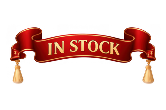 Red ribbon banner displaying in stock message, offering premium product availability and retail promotion, transparent background - Powered by Adobe