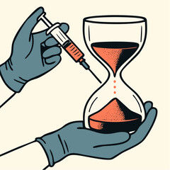 dose of time; syringe meets hourglass in stylized tension between urgency, care, and the clock