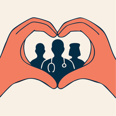 hands of care; orange heart frame shelters silhouettes of healthcare heroes in quiet tribute