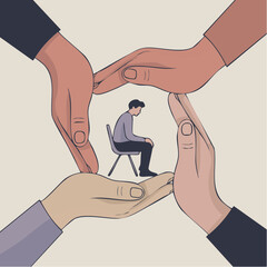 surrounded by care; slouched figure shielded by hands in stylized moment of emotional refuge