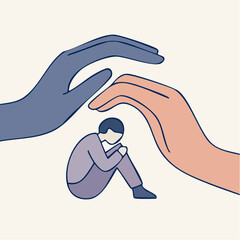 held in care; curled figure shielded by warm hands in quiet illustration of emotional support