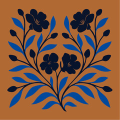 blue bloom symmetry; floral silhouettes mirror across brown field in stylized botanical rhythm