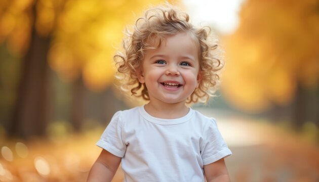 Blonde curly toddler girl smiles happily in autumn park. Child wears white shirt among golden fall leaves. Outdoor portrait shows pure joy and innocence, perfect for seasonal themes.